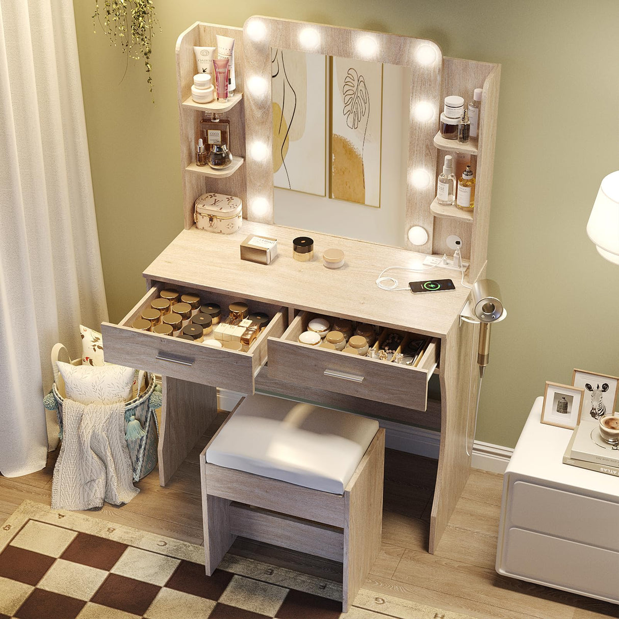 Vabches Vanity Desk with Mirror and Lights,Makeup Vanity Table with Charging Station,2 Drawer Bedroom Dressing Table with 3 Colors Modes Dimming & Cushioned Stool,Natural Oak Vabches