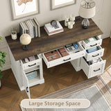 Furniouse 58" Executive Desk, Farmhouse Computer Desk with Drawers and Cabinet with Charging Station, Wooden Home Office Desk, Workspace for Work Study Writing, Brown Tabletop, Off White Furniouse