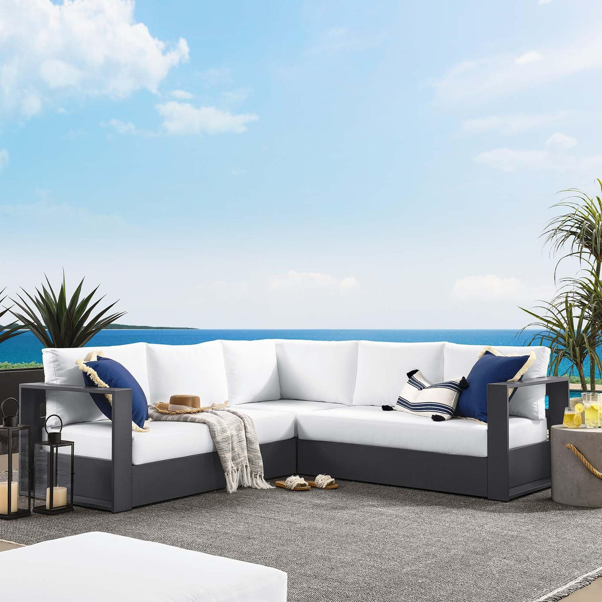 Modway Tahoe Aluminum 3-Piece Outdoor Patio Furniture Gray White, Modular Sectional Sofa Set with Weather-Resistant Cushions, Ideal for Deck, Backyard Poolside Modway