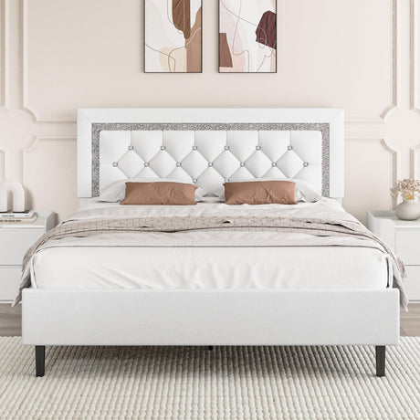 BarnFurin Full Size Bed Frame with Tufted Button Headboard, Upholstered Platform Bed Frame with Diamond Design, Wood Slat Support, No Box Spring Needed, Easy Assembly, White BarnFurin