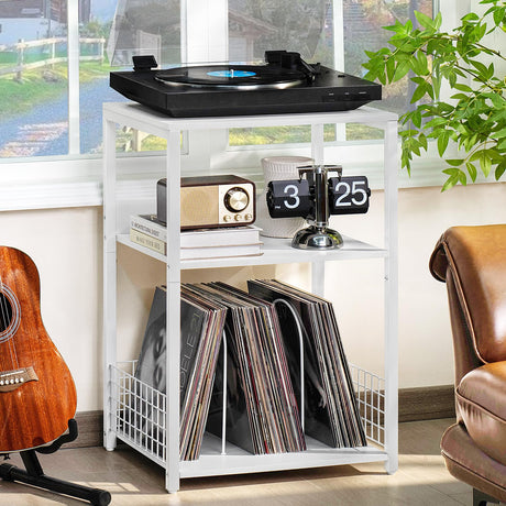 LELELINKY Large White Record Player Stand, 3 Tier Big End Table with Vinyl Storage, Turntable Stand, Industrial Printer Tables, Modern Nightstand for Living Room, Bedroom, Office LELELINKY