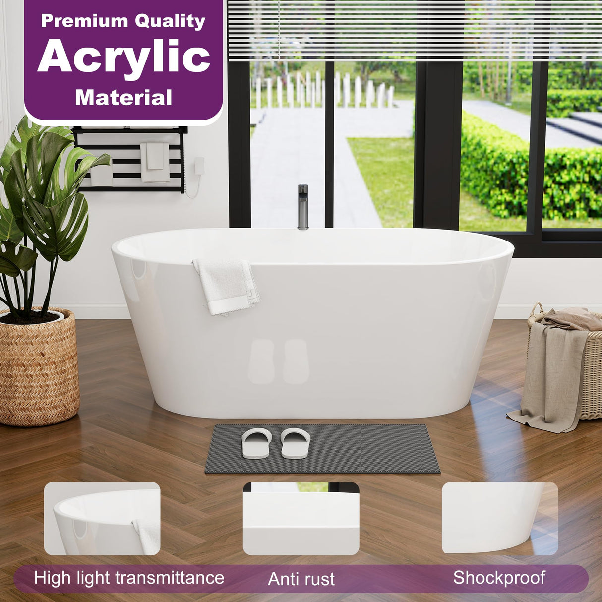 HIGREENA 55" Acrylic Freestanding Bathtub, Glossy White Soaking Tub, Stand Alone Tub, Oval Bathtub with Chrome Overflow and Drain, Free Standing Tub for Bathroom HIGREENA