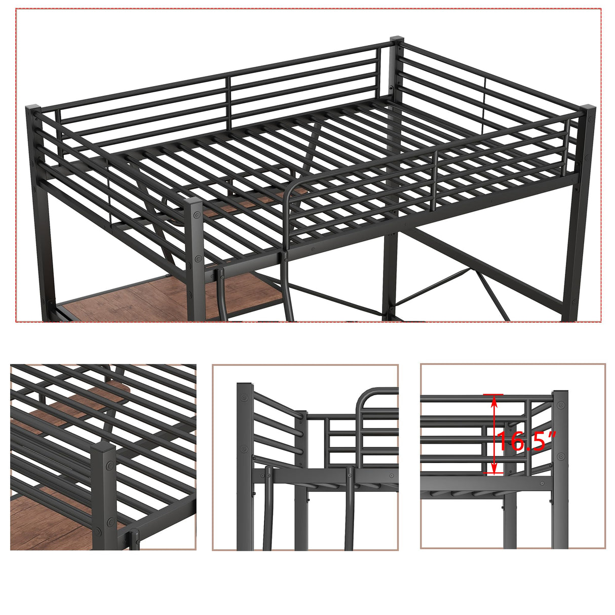Full Size Loft Bed with Desk and Storage Shelf, Full Size Loft Bed Frame with Guardrail and Ladder, Heavy Duty Loft Beds for Kids, Teens, Black Bellemave