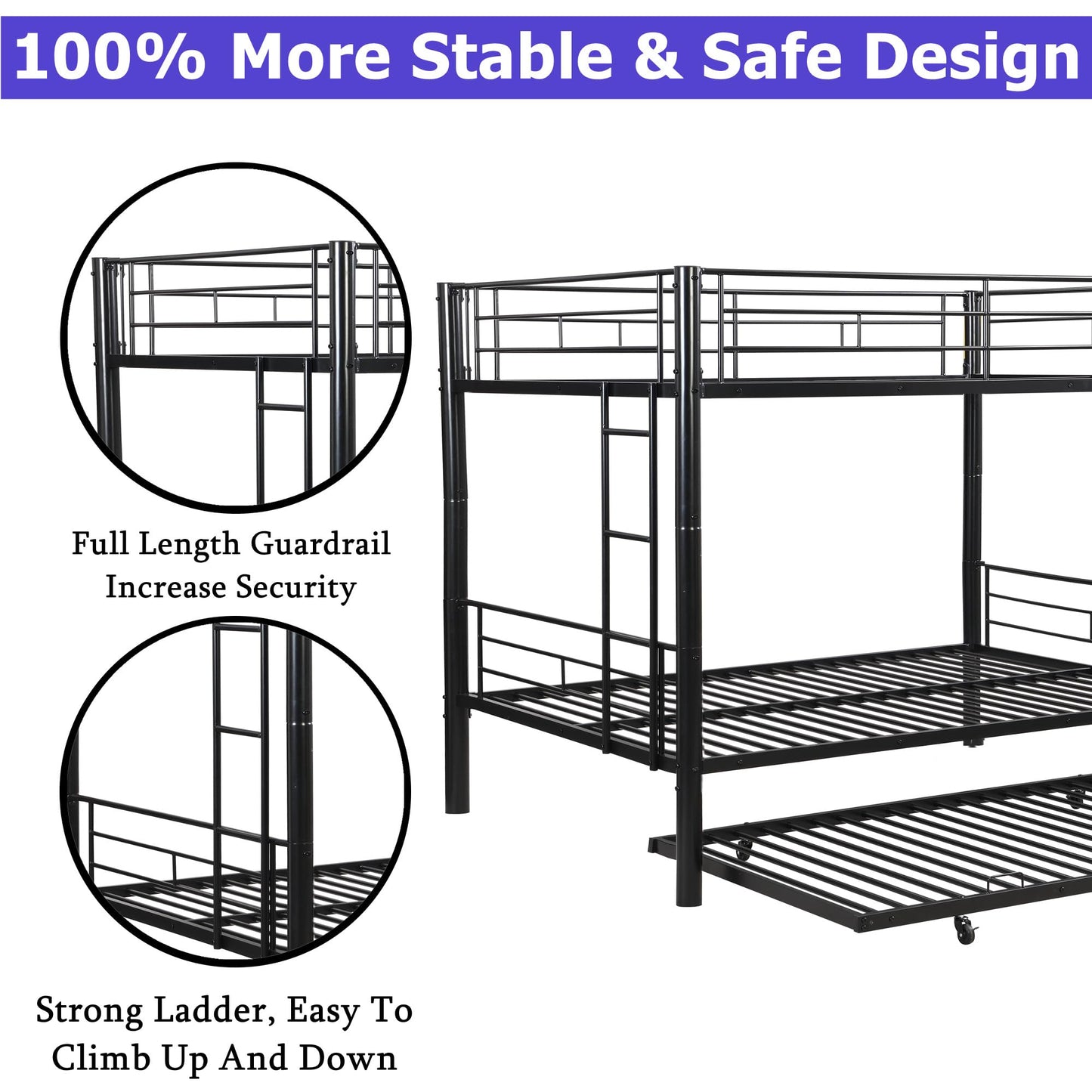 ZMIZAKOY Heavy Duty Full Over Full Bunk Bed with Trundle for Kids Adults Teens, Metal Bunk Bed with Sturdy Guard Rail & 2 Side Ladders, Convertible Bunkbed, No Box Spring Needed (Black)