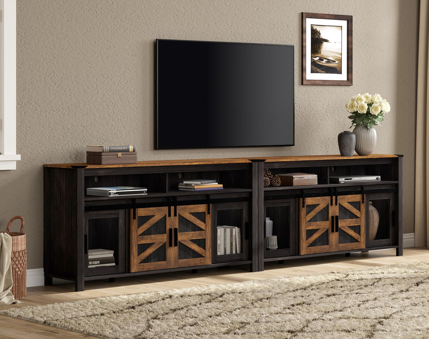 WAMPAT Set of 2 Farmhouse TV Stands with Mesh & Barn Doors for 100+ Inch TV, Antique Black & Brown 118" Entertainment Center with Open Storage Shelf, 2-in-1 Media Console for Living Room, Bedroom