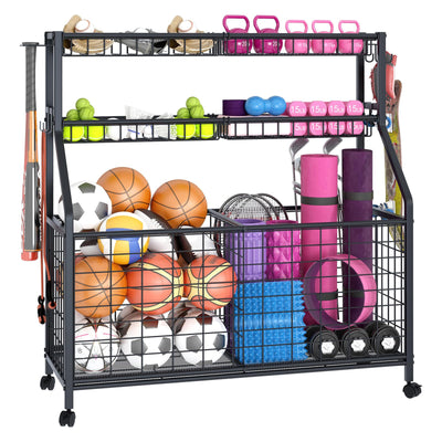 Azheruol Ball Storage Rack Large Sports Equipment Organizer Cart For Garage,Home Gym Multifunctional Sports Gear Storage For Indoor Or Outdoor, Ball Rack For Basketball,Baseball, Football, Toys