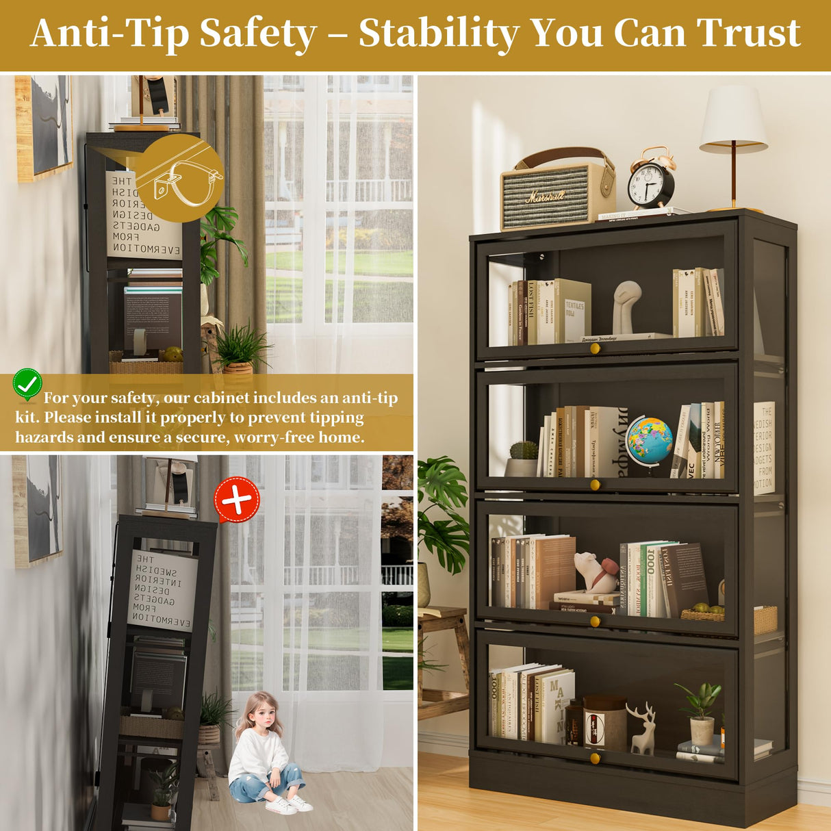 BONITURE Display Cabinet with Acrylic Glass Doors,4-Tiers Curio Cabinet with LED Lighting for Collectibles, Collectibles Toy Organizers Rack & Display Shelf Display Case Storage Cabinet, Black BONITURE