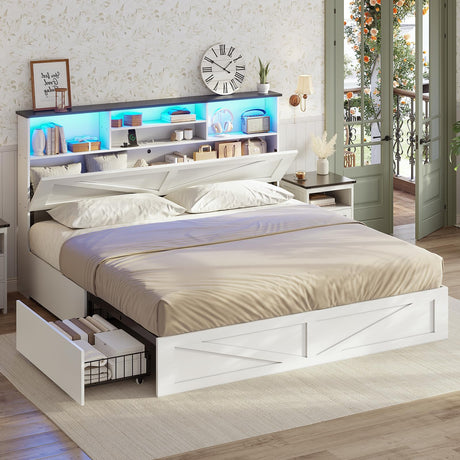 AOGLLATI Farmhouse King Bed Frame Bed Frame with 4 Storage Drawers and Led Lights, Wooden King Bed with Hidden Space Bookcase Headboard and Led Lights, White AOGLLATI
