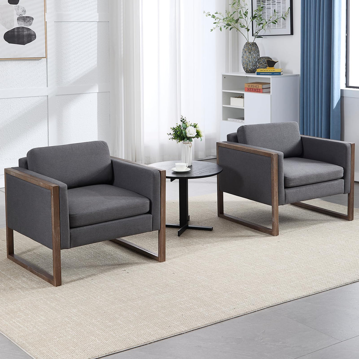 Kmax Modern Accent Chairs Set of 2, Charcoal Fabric Upholstered Club Chair, Comfy Arm Reception Chairs Living Room Chair for Hotel Conference, Walnut Wood Kmax