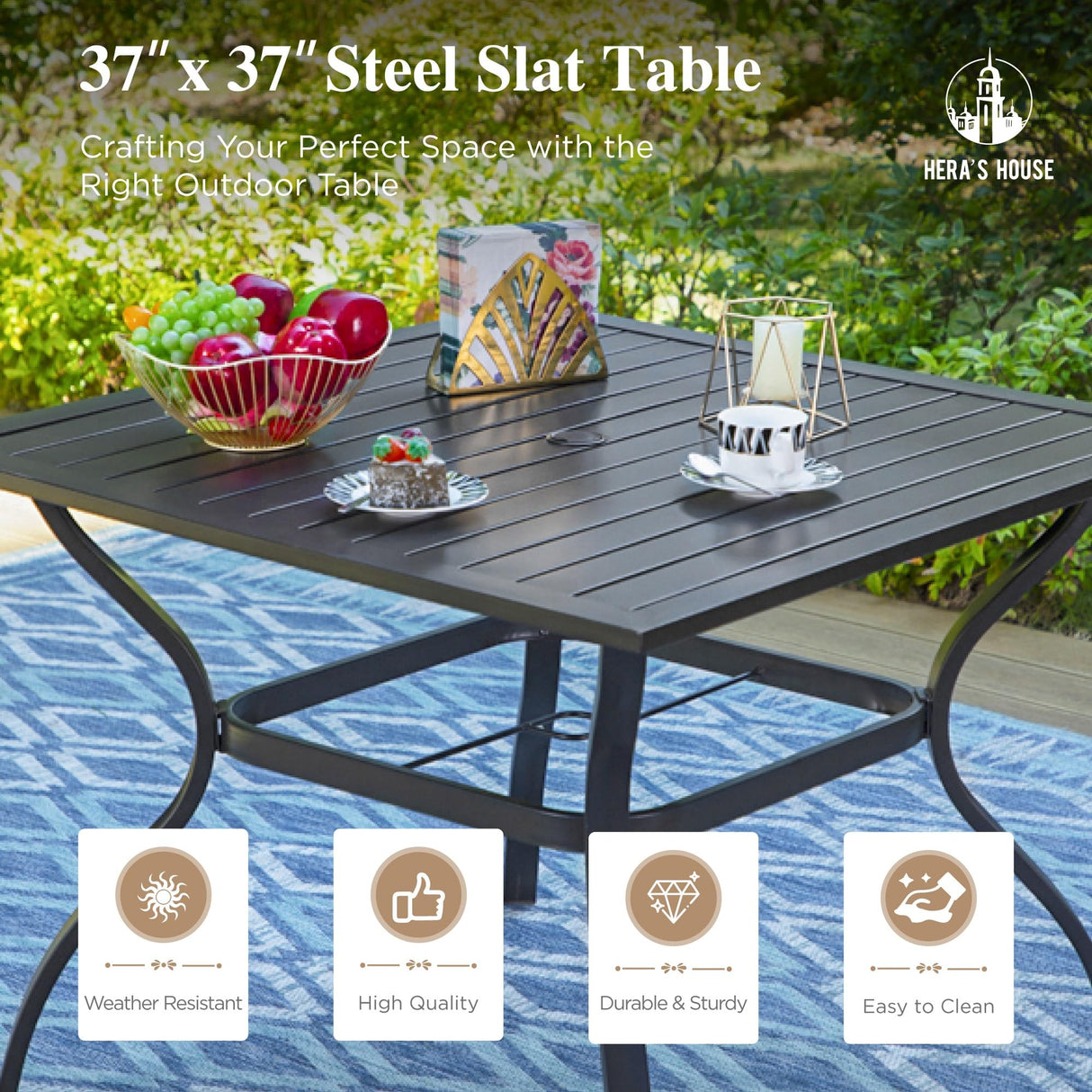 HERA'S HOUSE Patio Table and Chairs for 4, 5 Pieces Outdoor Deck Dining Sets, Square Metal Table Set with Chairs for Lawn Garden Backyard, Brown HERA'S HOUSE