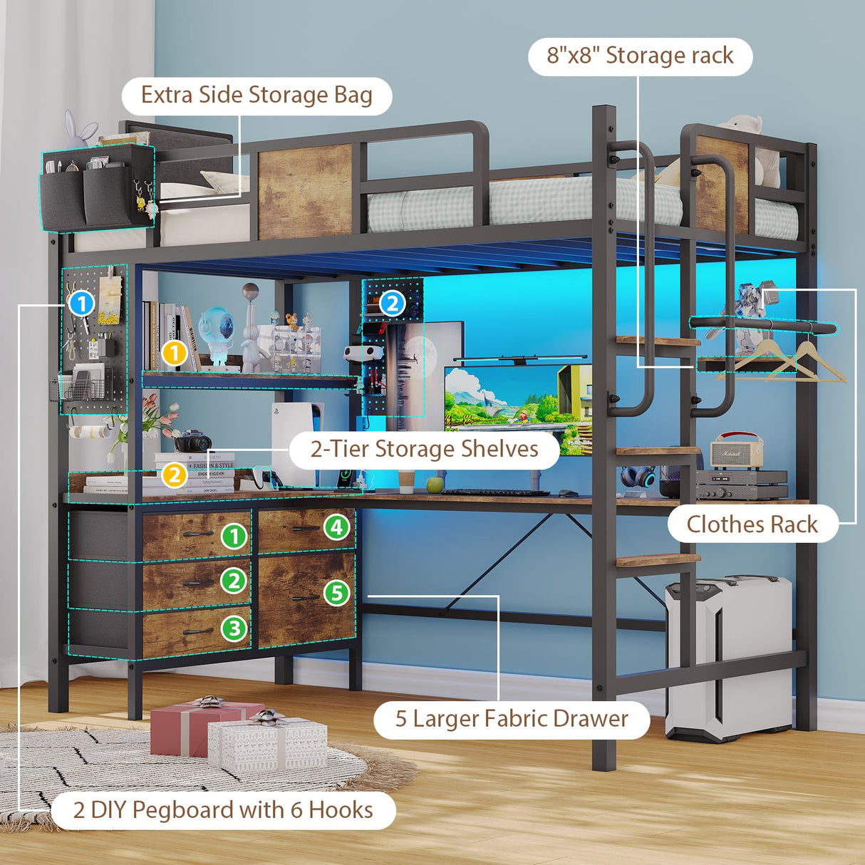 Loft Bed Twin Size with L-Shaped Desk,Metal Bunk Bed Frame with 5 Storage Drawers, LED Lights & Charging Station,Twin Loft Bed with Removable Ladder, Safety Guardrail,No Box Spring Needed,Rustic Brown Dnxao