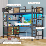 Loft Bed Twin Size with L-Shaped Desk,Metal Bunk Bed Frame with 5 Storage Drawers, LED Lights & Charging Station,Twin Loft Bed with Removable Ladder, Safety Guardrail,No Box Spring Needed,Rustic Brown Dnxao