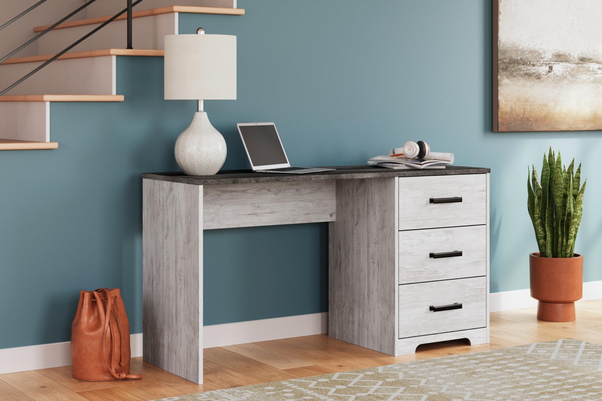 Signature Design by Ashley Shawburn 3-Drawer Home Office Desk, 54" W x 19" D x 29" H, White & Gray - WoodArtSupply