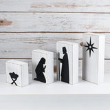 Ornativity Wooden Block Nativity Scene - Black Xmas Silhouette Christmas Figures on White Painted Wood Blocks Indoor Nativity Table Top Shelf Sitter Mantle Centerpiece Set Decorations - 1 set Ornativity
