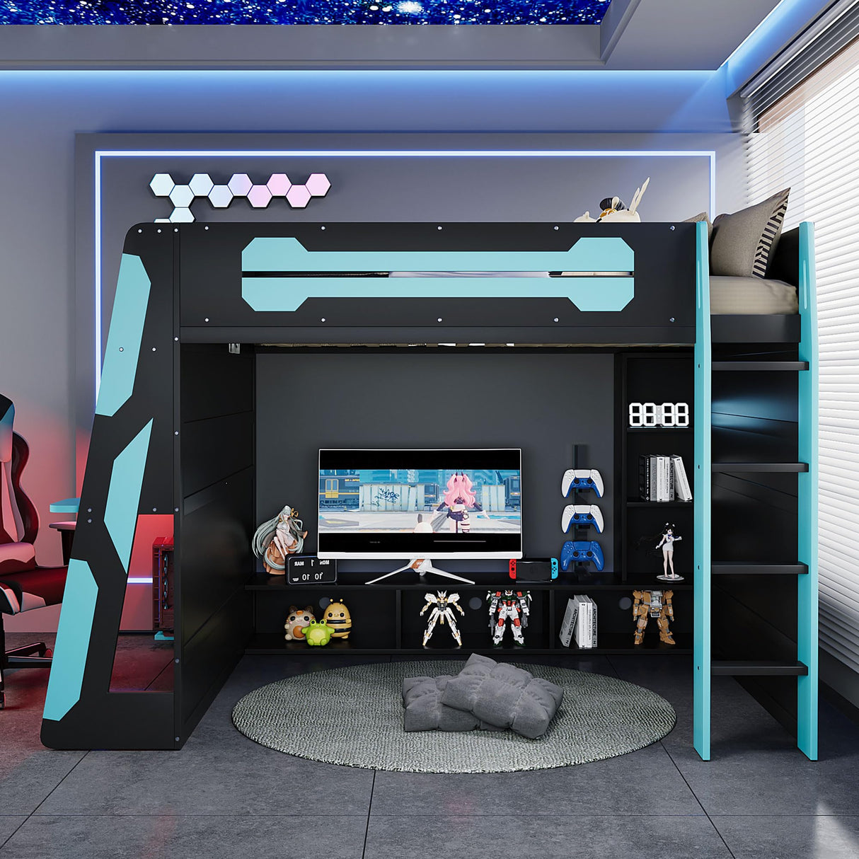 Gaming Bed with RGB Lighting, Desk, Multi-Storage Shelves and LED, Esports Design for PC & Console Gamers, Full Size Wood Loft Bed for Kids Bedroom (Cloud Blue/G) Bekeknlny