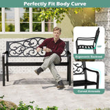 Tangkula 50 Inches Outdoor Garden Park Bench, Cast Iron Metal Patio Bench with Floral Design Backrest, Armrests and Slatted Seat, Outdoor Loveseat Chair for Porch, Lawn and Yard, Black Tangkula