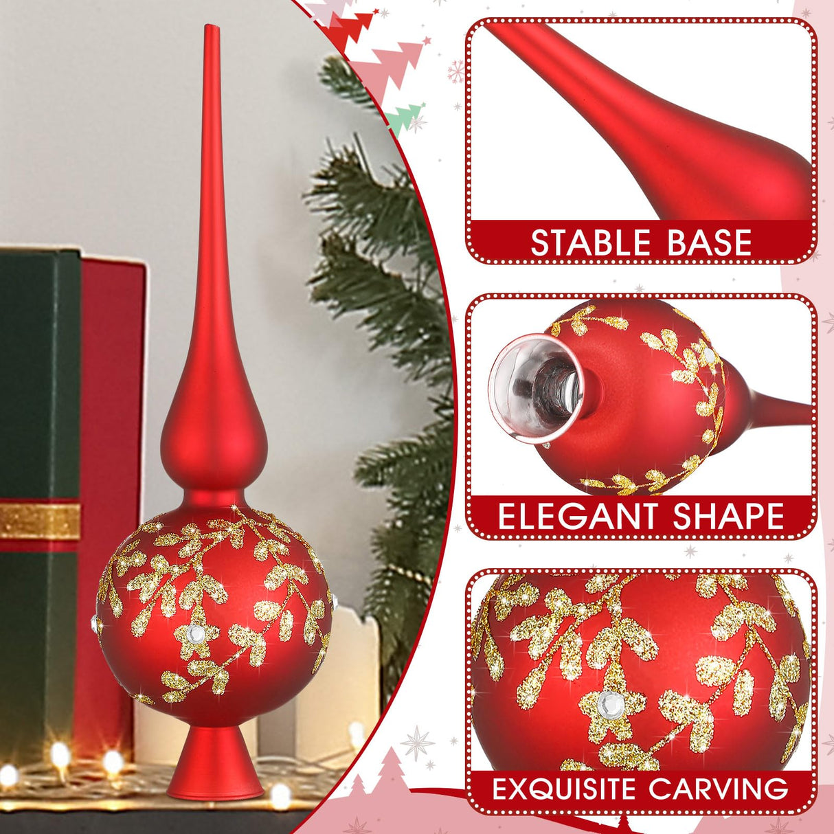 Gejoy Glass Christmas Finials Tree Topper Red Ornaments Spherical Blown Glass Xmas Tree Topper Finials with Carved Flowers Holiday Indoor Suitable for Party Decoration, 9.8inches Gejoy