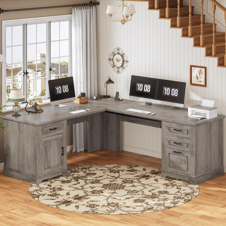 SEDETA 69" L Shaped Desk with Drawers and Storage, Farmhouse Computer Desk with File Drawers and Power Outlet, Corner Executive Desk with Storage Cabinet for Home Office, Grey SEDETA