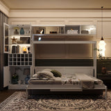 Full Murphy Bed with Couch and Storage Shelves,Charging Station& LED Light,Wood Foldable Murphy Wall Bed Cabinet with Sofa and Storage Cabinet,Bookcase,Wine Rack (White,Full) MERITLINE