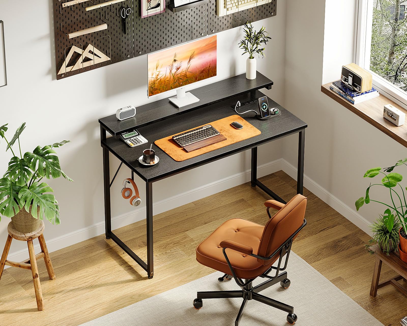 AODK Small Desk, 40 Inch Gaming Desk with LED Lights and Power Outlet, Computer Desk with Adjustable Monitor Shelf (3 Heights), Home Office Table Study Desk Compact Desk for Small Space, Blac - WoodArtSupply