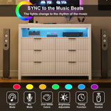 Fluted 6 Drawer Dresser with Power Outlet and LED Lights,Modern Chest of Drawers with Charging Station,Large Dresser TV Stand,Double Wooden Drawer Organizer for Bedroom,Living Room, Hallway(White) Jocoevol