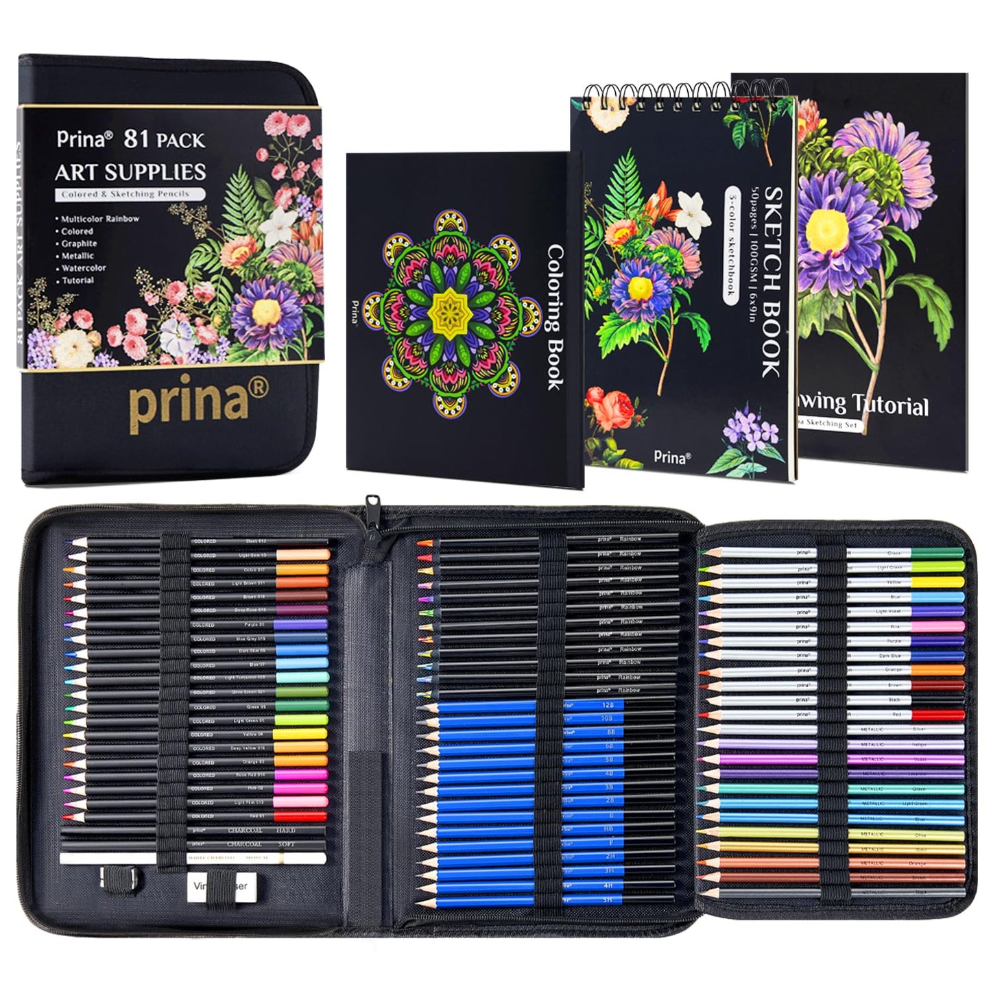 PRINA 81 Drawing Set Sketching Kit, Pro Sketch Stuff Art Supplies with Rainbow, Colored, Graphite, Watercolor, Metallic, Charcoal Pencils, Sketchbook, Coloring Book, Gift Case for Artists Adults Kids