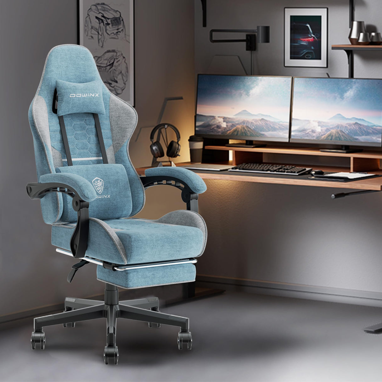 Dowinx Gaming Chair Fabric with Pocket Spring Cushion, Massage Game Chair Cloth with Headrest, Ergonomic Computer Chair with Footrest 290LBS, Blue and Grey Dowinx