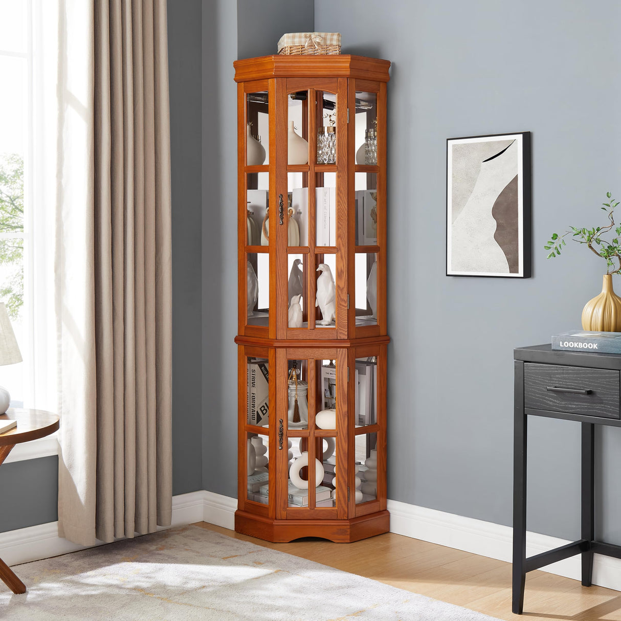 Corner Curio Cabinet with 5 Shelves and Lighting System, Oak(E26 Light Bulb not Included) Generic