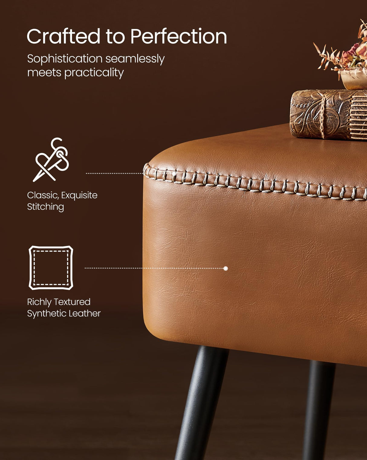 VASAGLE EKHO Collection - Bench for Entryway Bedroom, Synthetic Leather with Stitching, Ottoman Bench with Steel Legs, Living Dining Room, Mid-Century Modern, Loads 660 lb, Caramel Brown ULOM076K01 VASAGLE