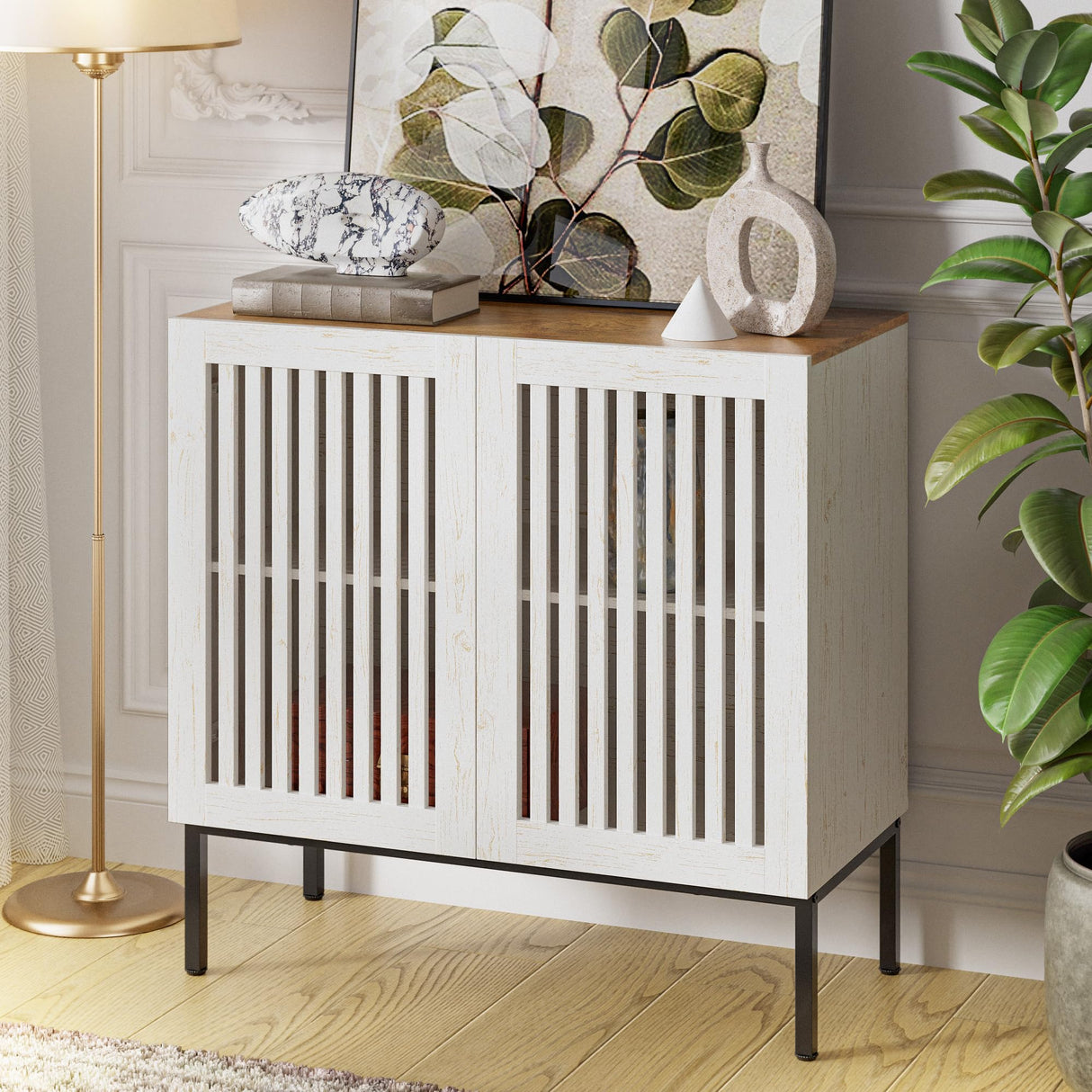 BVIUNTWO 31.5" Farmhouse Buffet Cabinet with Metal Base, Adjustable Shelf & 2 Doors, Antique White Storage Sideboard for Kitchen, Dining & Living Room BVIUNTWO