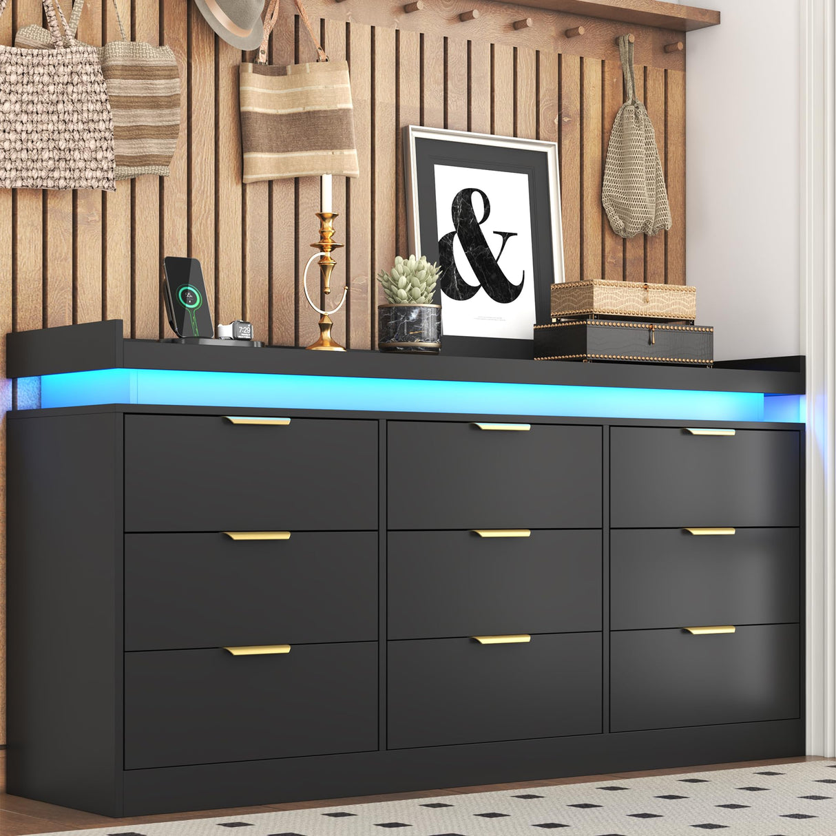 9 Drawer Dressers for Bedroom, Black Dresser with LED Lights and Power Outlet, Large Dresser Wooden Long Dresser, Double Wide Drawer Triple Dresser for Bedroom, Living Room, Entryway, Hallway knoworld