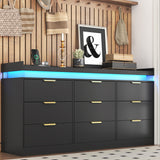 9 Drawer Dressers for Bedroom, Black Dresser with LED Lights and Power Outlet, Large Dresser Wooden Long Dresser, Double Wide Drawer Triple Dresser for Bedroom, Living Room, Entryway, Hallway knoworld