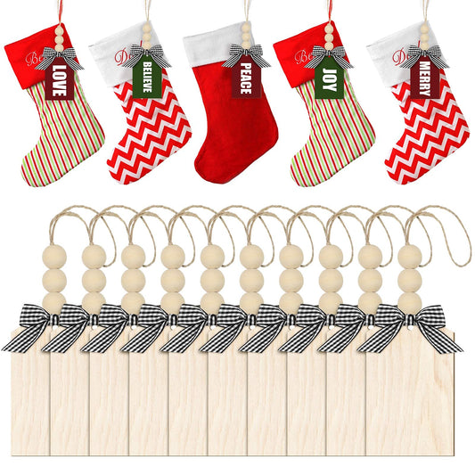 Christmas Stocking Name Tag Personalized Stocking Wood Tags Blank Rustic Farmhouse Xmas Stocking Hanging Tag with Wood Beads and Buffalo Check Bows for Xmas Tree (Natural Color,15 Pieces) - WoodArtSupply