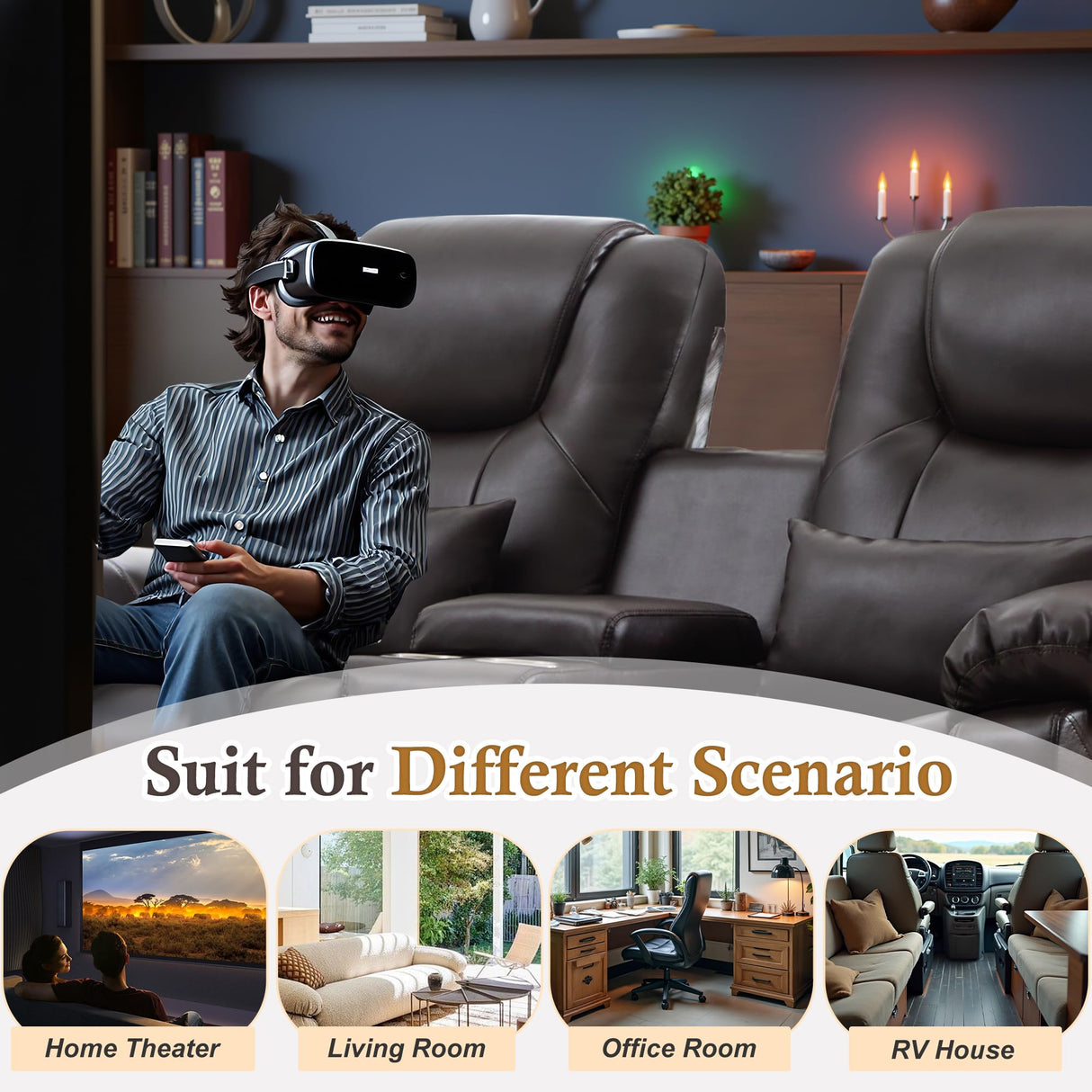 SnyFivv RV Power Loveseat Recliner Sofa, PU Leather Double Wall Hugger Reclining Sofa Home Theater Seating with Console, Cup Holders, LED Lights, 2 Person Couch RV Furniture for Living Room (Brown) SnyFivv
