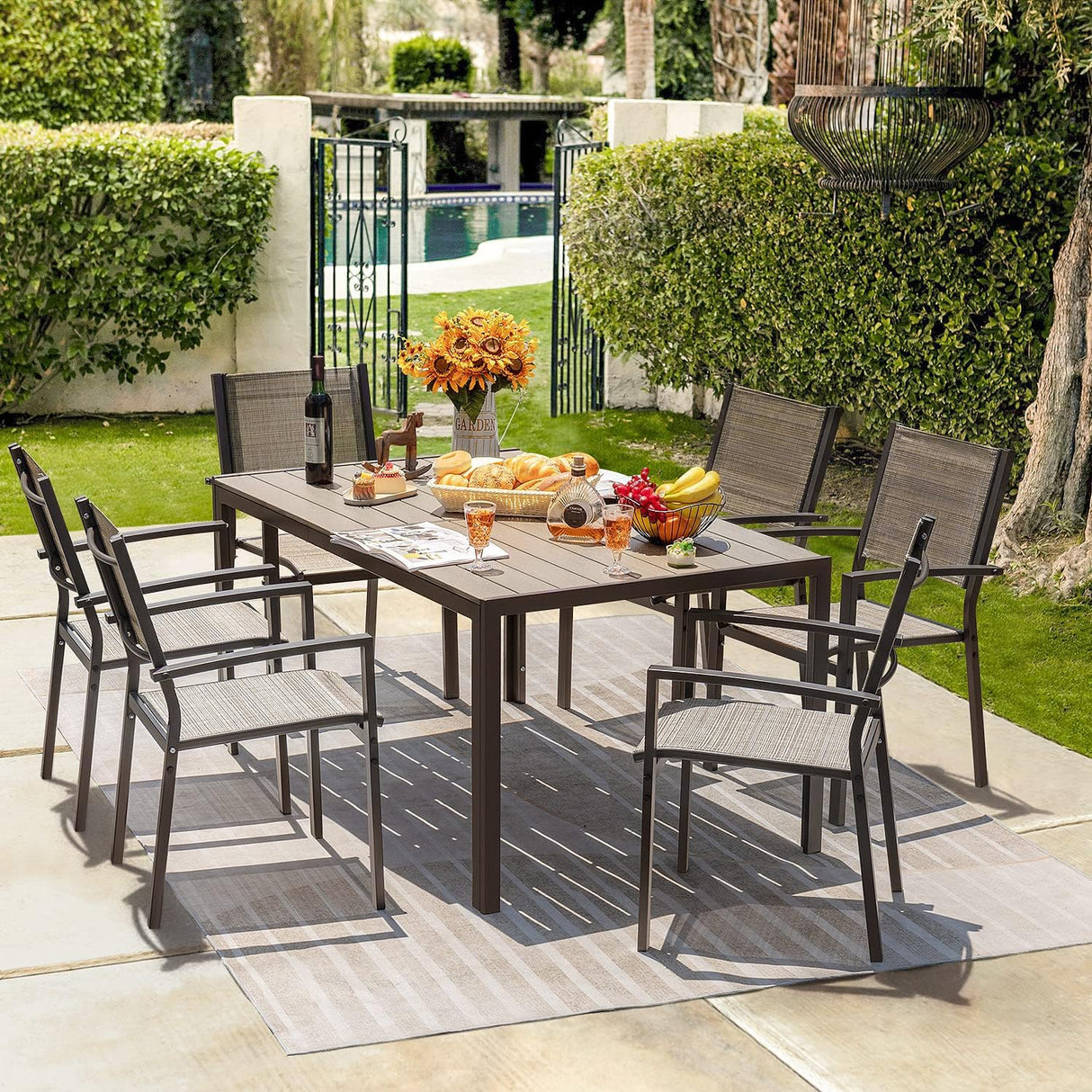 Homall Patio Dining Set 7 Pieces Outdoor Furniture with Large Table and 6 Textilene Chairs for Porch, Brown Homall