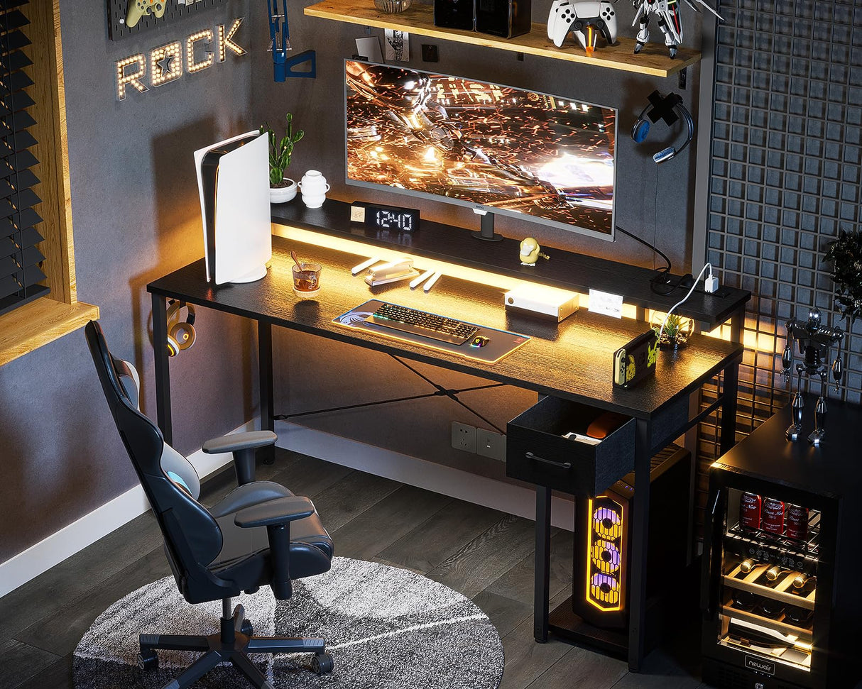 AODK Gaming Desk with LED Lights & Power Outlet, 55 Inch Computer Desk with Drawer, Reversible Desk with Adjustable Monitor Shelf & Headphone Hook for Home Office, Black AODK