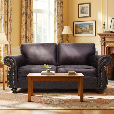 Couchus Mid-Century Vintage Sofa Couches with Rivet Design,loveseat Sofa,Removable Sofa Cover Upholstered Cushions and Solid Wood Frame (Brown, Loveseat) Couchus