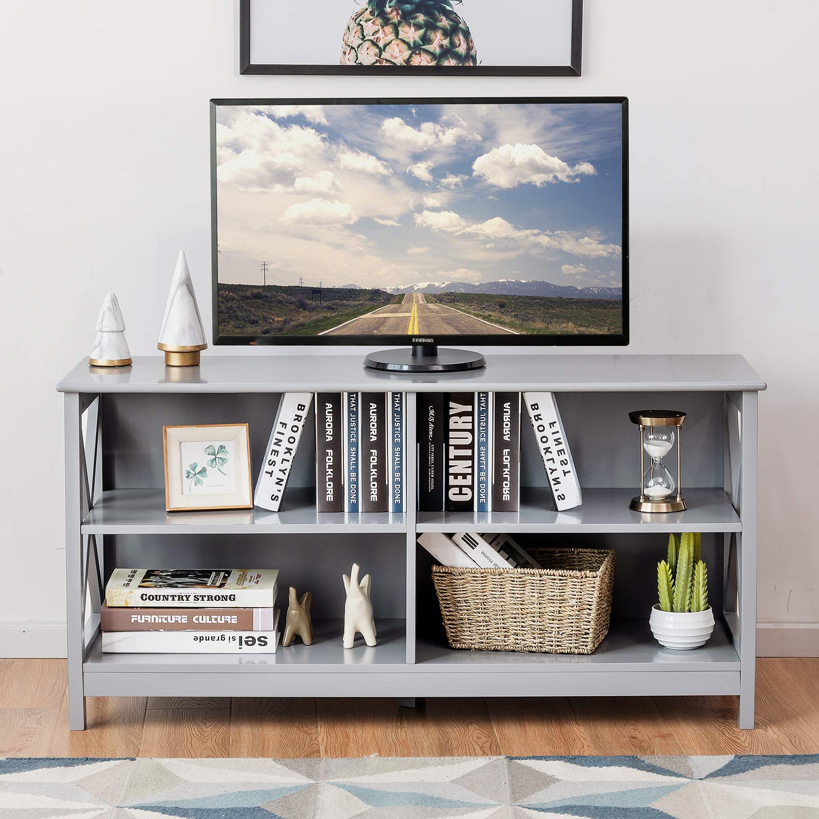 Tangkula TV Stand for TVs up to 55 Inches, 47" Farmhouse Entertainment Center with 4 Open Shelves & Built-in Cable Holes, TV Console Table with X-Shaped Frame for Living Room (Grey) - WoodArtSupply