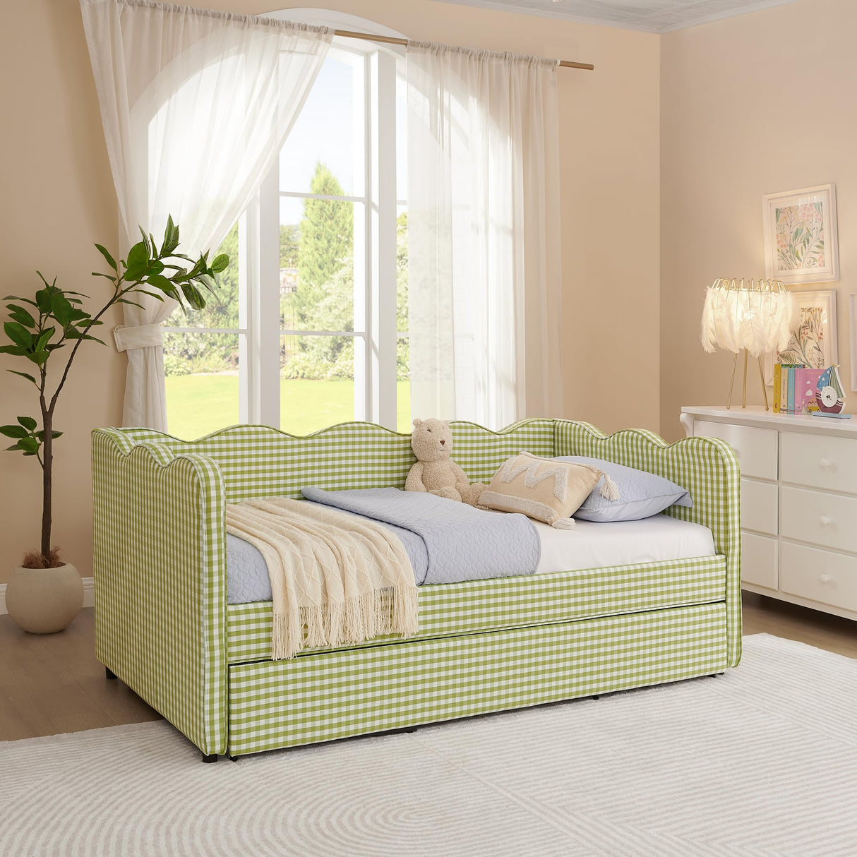 Twin to King Daybed with Trundle, USB Ports Soft Upholstered Daybed with Pop Up Trundle Bed Twin, Modern Extendable Day Bed Frame for Girls Bedroom Living Room Guest Room Small Places Sage Green Deolme