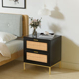 Anmytek Rattan Nightstand, Boho Bedside Table with 2 Rattan Decorated Drawers, Black Wood Night Stand Farmhouse End Table Side Table for Bedroom, Dorm, H0057 Anmytek