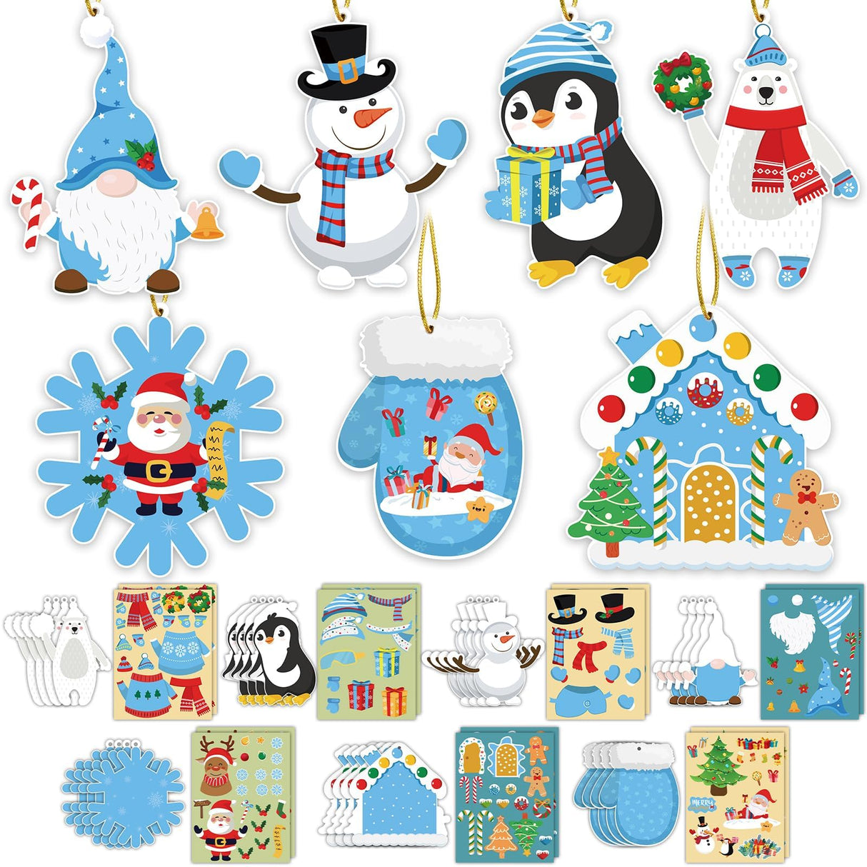 GuassLee Christmas Crafts Ornament Making Kit for Kids - 28pcs DIY Christmas Cutouts with Snowman Snowflake Penguin Gnome Christmas Stickers for Tree Decorations Christmas Winter Party Favors Supplies GuassLee