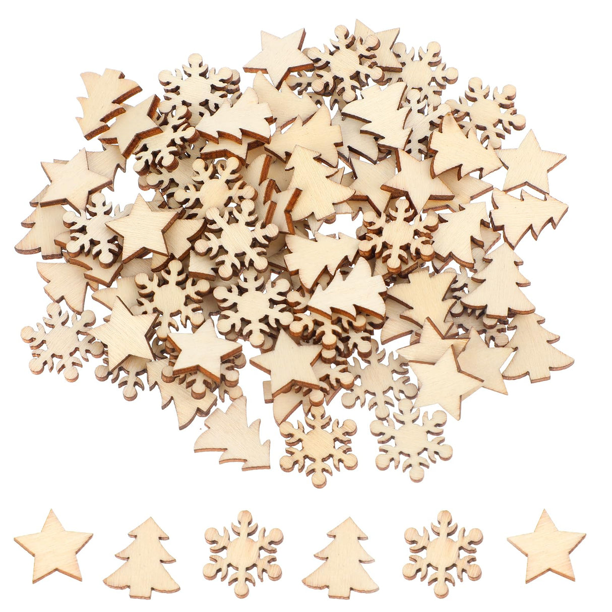JJUNW 100Pcs Unfinished Wooden Stars Ornaments, Cutout Blank Wood Pieces Star, 0.59'' Small Wooden Stars for Crafts, Natural Wooden Cutouts Ornaments for Christmas Wedd (Christmas Tree Snowflake Star) JJUNW