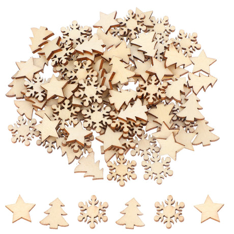 JJUNW 100Pcs Unfinished Wooden Stars Ornaments, Cutout Blank Wood Pieces Star, 0.59'' Small Wooden Stars for Crafts, Natural Wooden Cutouts Ornaments for Christmas Wedd (Christmas Tree Snowflake Star) JJUNW