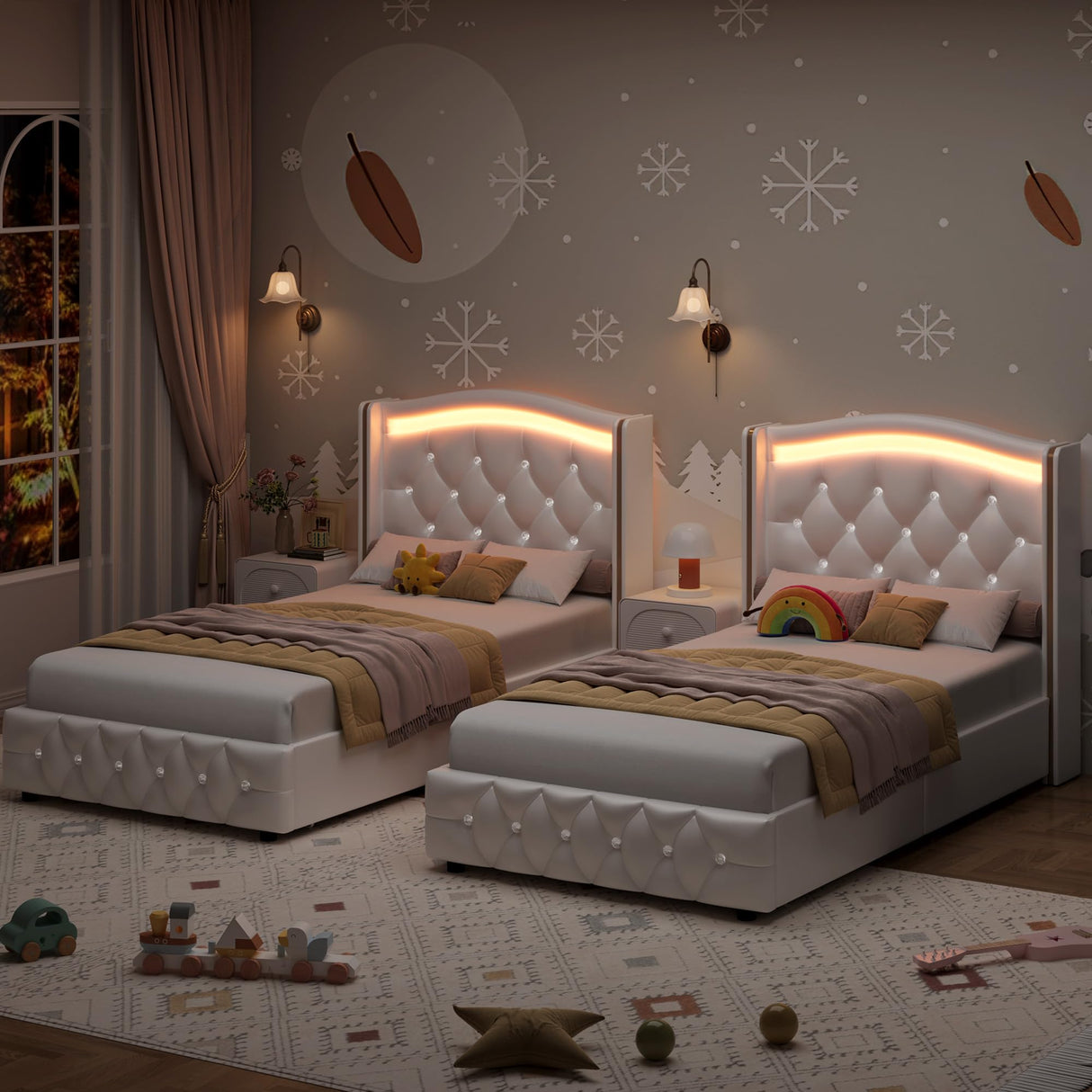 HIFIT Full Smart LED Platform Bed Frame with 4 Storage Drawers, Crystal Button-Tufted & Stainless Gold Trim Wingback Headboard, Modern PU Upholstered White /No Box Spring Needed/Easy Assembly HIFIT