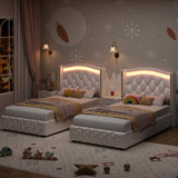 HIFIT Full Smart LED Platform Bed Frame with 4 Storage Drawers, Crystal Button-Tufted & Stainless Gold Trim Wingback Headboard, Modern PU Upholstered White /No Box Spring Needed/Easy Assembly HIFIT