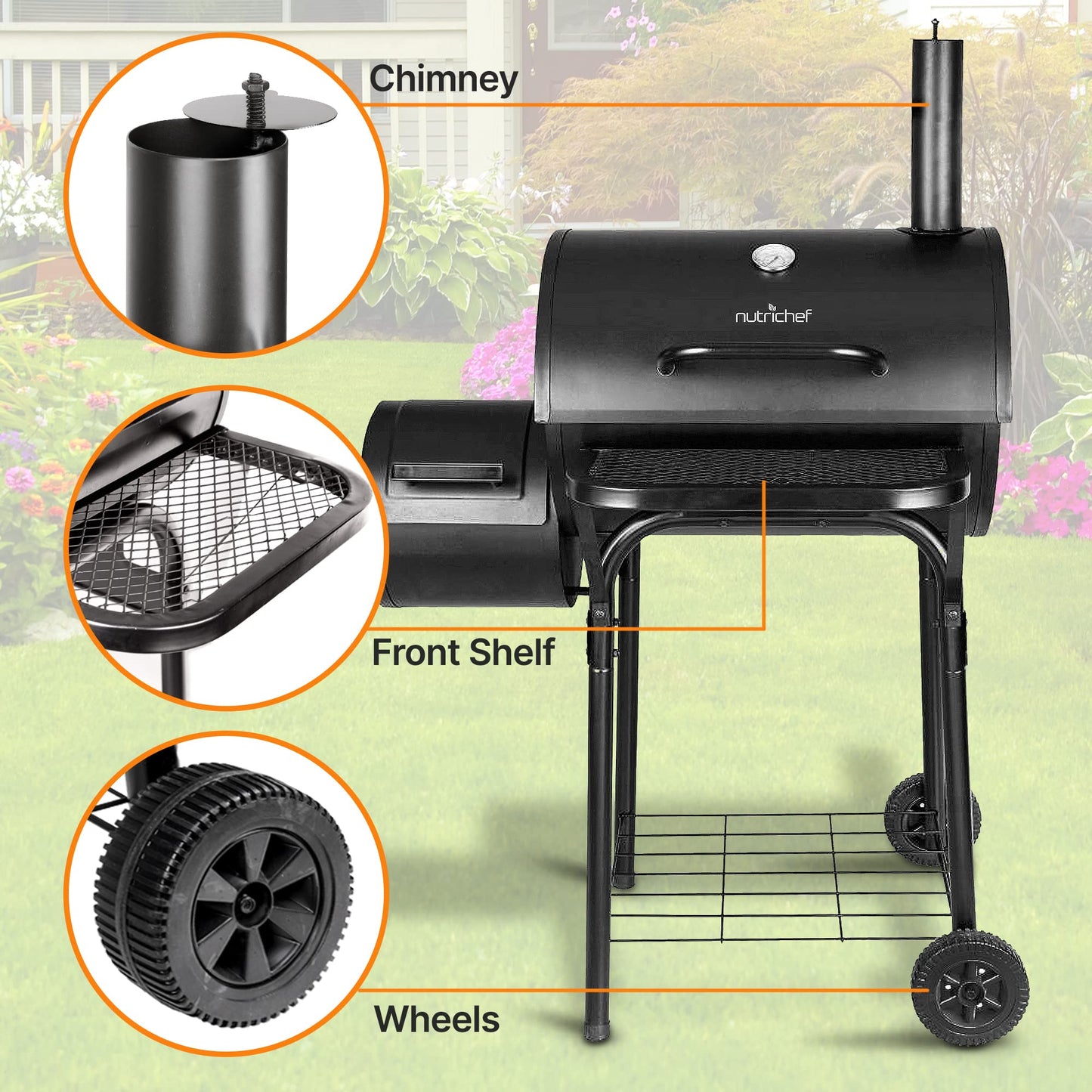 NutriChef Charcoal Grill Offset Smoker with Cover, Portable Stainless Steel Grill, Outdoor Camping BBQ and Barrel Smoker (Black)