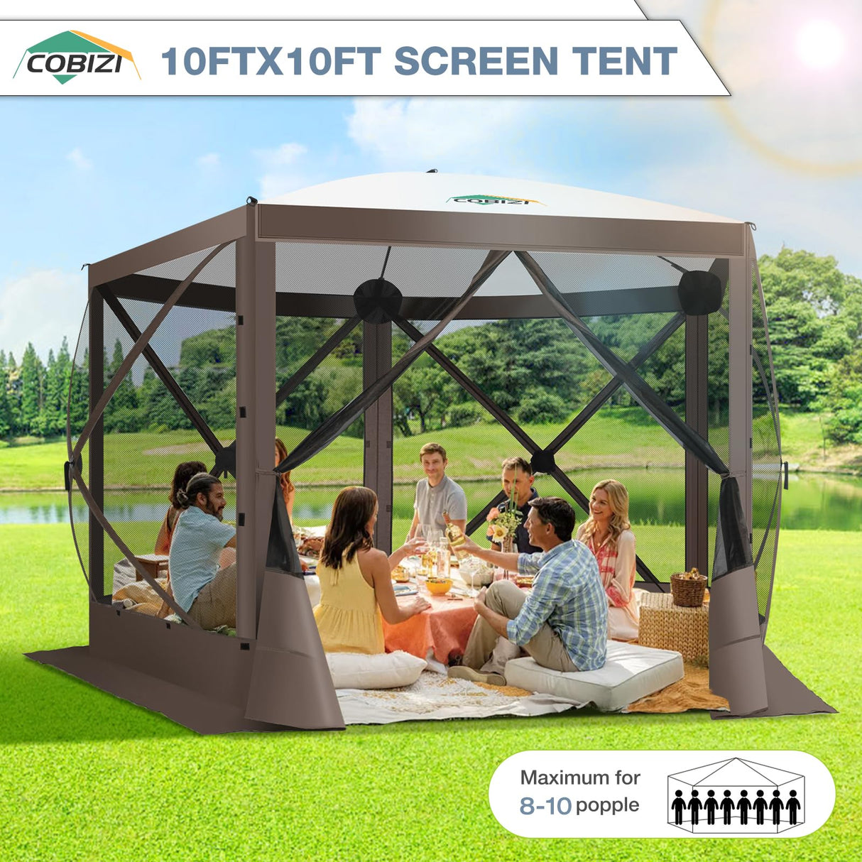 COBIZI Pop Up Gazebo Screen Tent Screen House for Camping, 10FTx10FT Screen Room with Mosquito Netting, Hub Tent Instant Screened Canopy with Carrying Bag and Ground Stakes, Brown COBIZI
