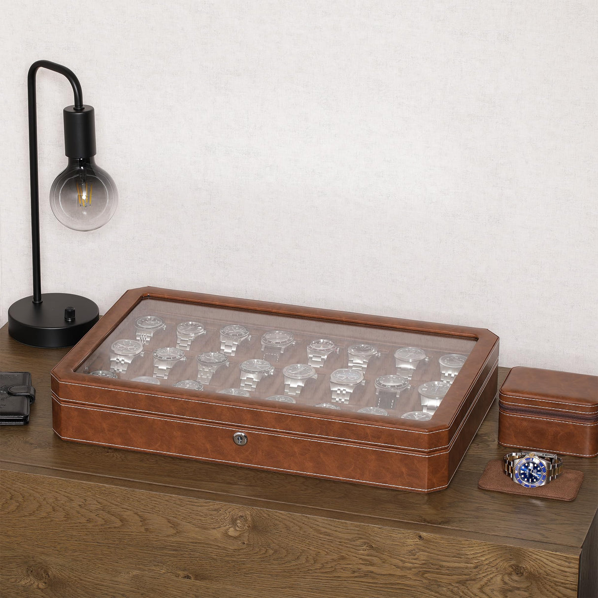 ROTHWELL 24 Slot Watch Case with Lock – Luxury Watch Box to Display and Organize Your Collection | Real Glass Top | Premium Storage for Collectors (Tan/Brown) ROTHWELL