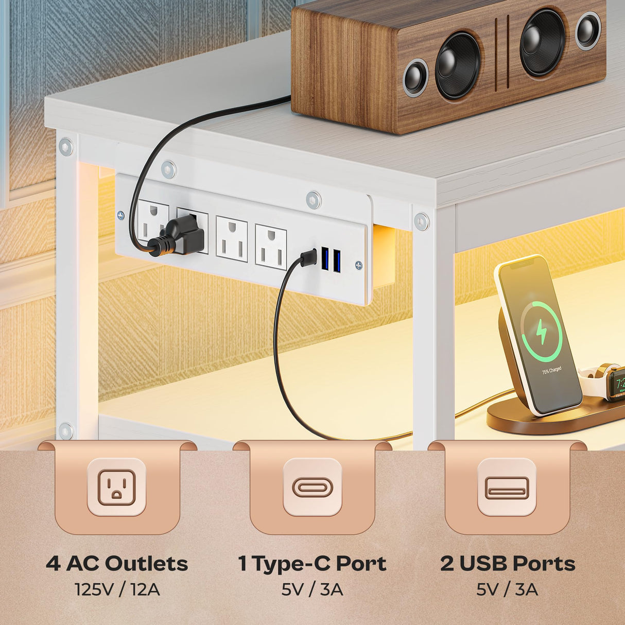 Huuger LED TV Stand for Bedroom, 55 Inch Fabric Dresser with Power Outlets, Entertainment Center for 60, 55, 50 Inch TV, 6 Drawer Dresser for Bedroom, Chest of Drawers with Shlef, PU Leather, White Huuger