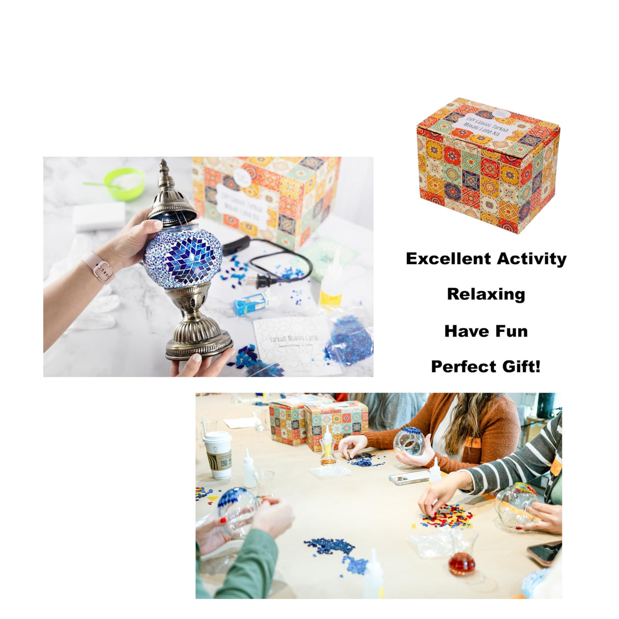 KRAFTSTORIES Turkish Mosaic Lamp Kit DIY Glass Decorative Table Bedside Night Light Tabletop for Living Room Bedroom | Make Your Own Lamp | Antique Bronze Base (Blue) KRAFTSTORIES